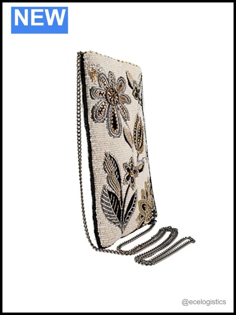 Handcrafted Floral Beaded Crossbody Cell Phone Bag with Chain Strap